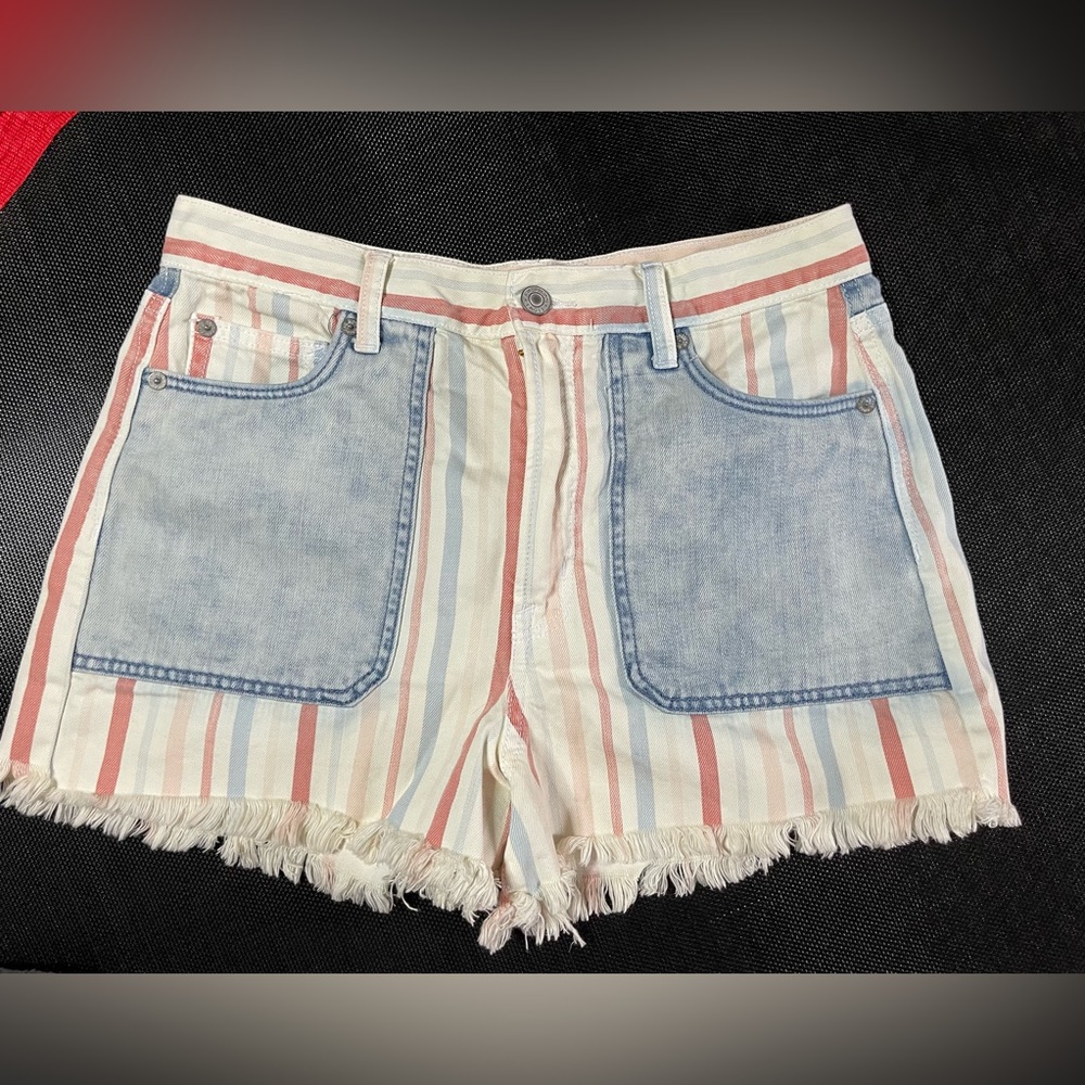 💛American Eagle Outfitters Red, White, Blue Striped Washed Mom Shorts, Size 8